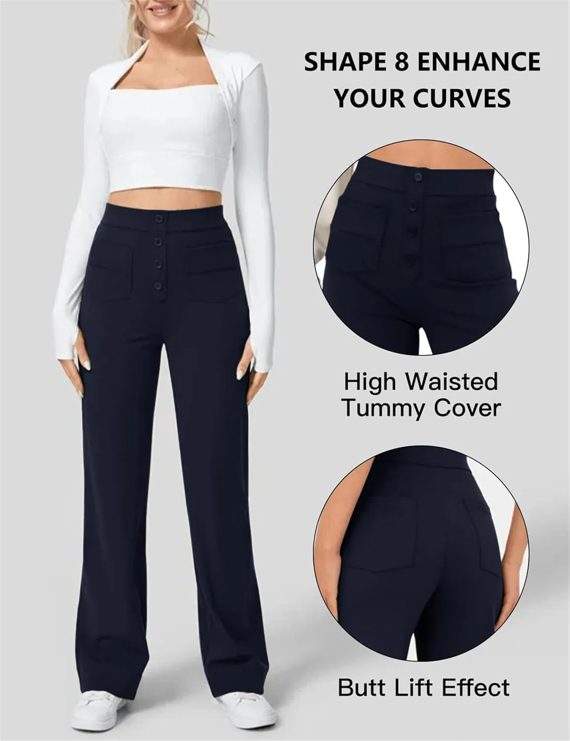 Women's Straight Leg Pants High Waisted Button Stretchy Business Work Casual Trousers with Pockets