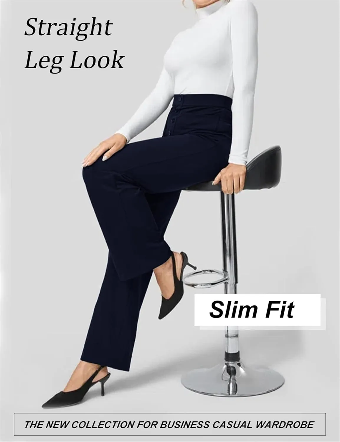 Women's Straight Leg Pants High Waisted Button Stretchy Business Work Casual Trousers with Pockets