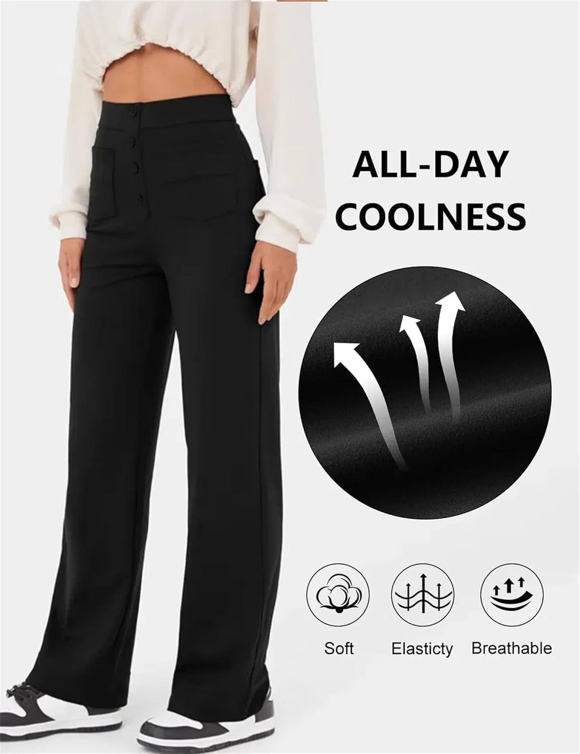 Women's Straight Leg Pants High Waisted Button Stretchy Business Work Casual Trousers with Pockets