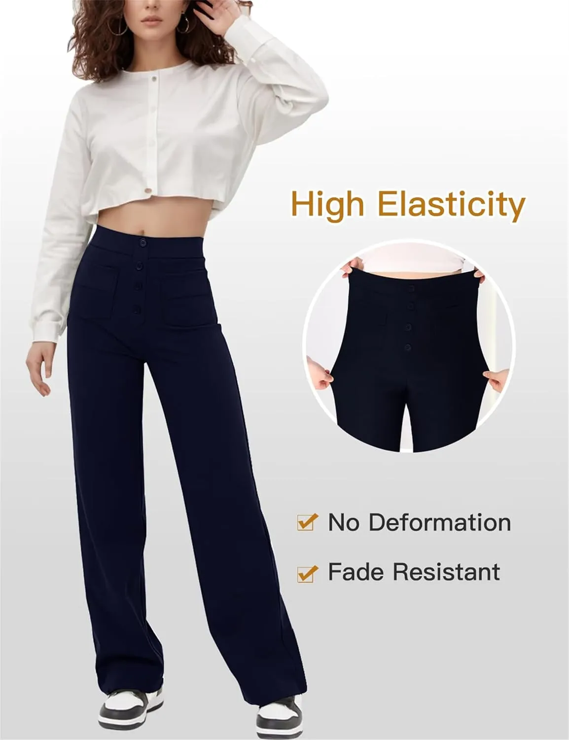 Women's Straight Leg Pants High Waisted Button Stretchy Business Work Casual Trousers with Pockets