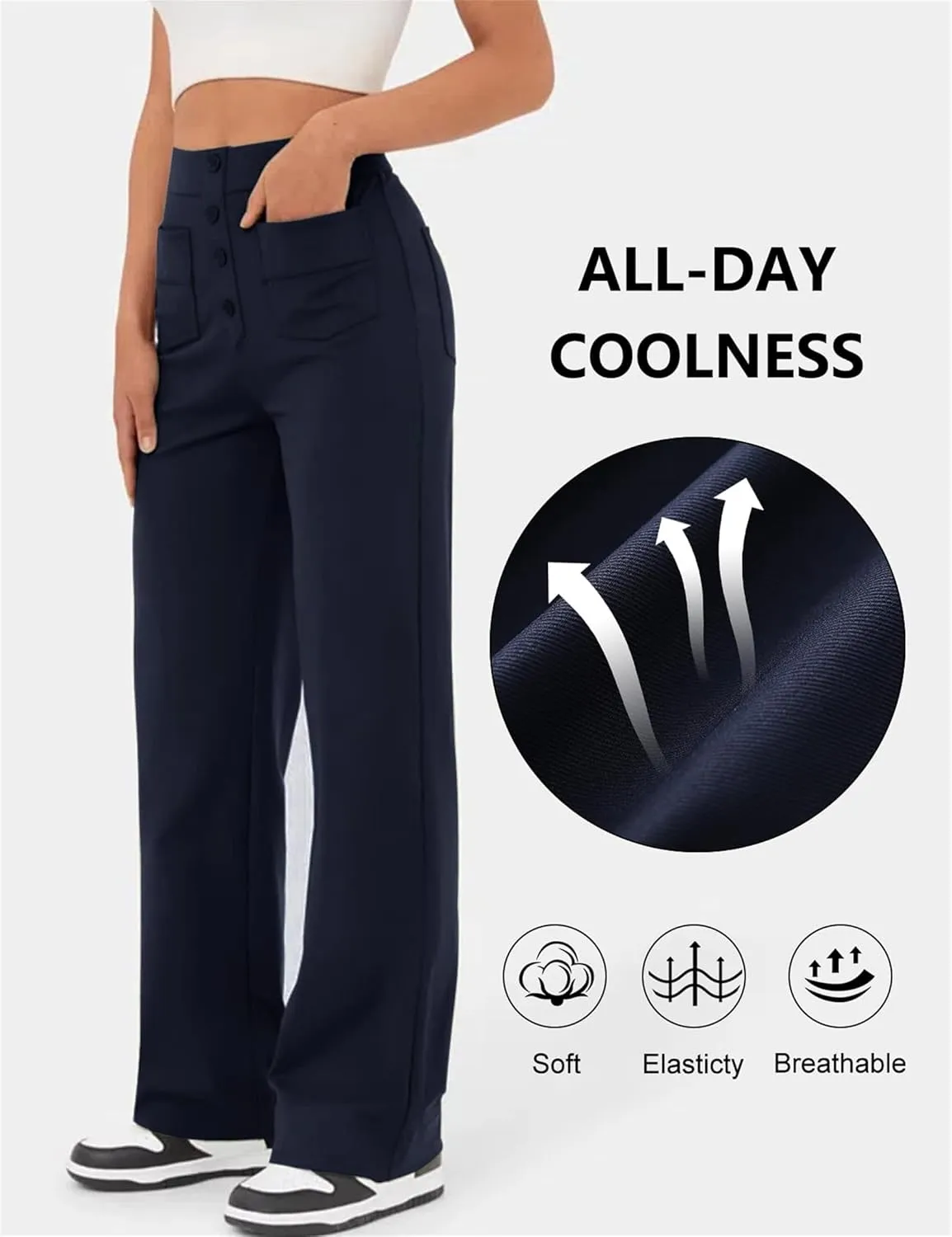 Women's Straight Leg Pants High Waisted Button Stretchy Business Work Casual Trousers with Pockets