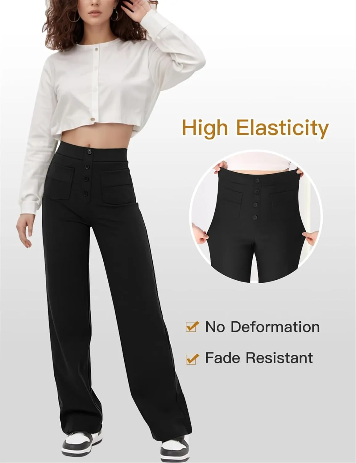 Women's Straight Leg Pants High Waisted Button Stretchy Business Work Casual Trousers with Pockets