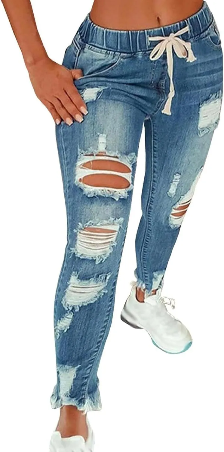 Women's Stretch Denim Pants Plus Size Slim Destroyed Trousers Casual High Waist Skinny Ripped Jeans