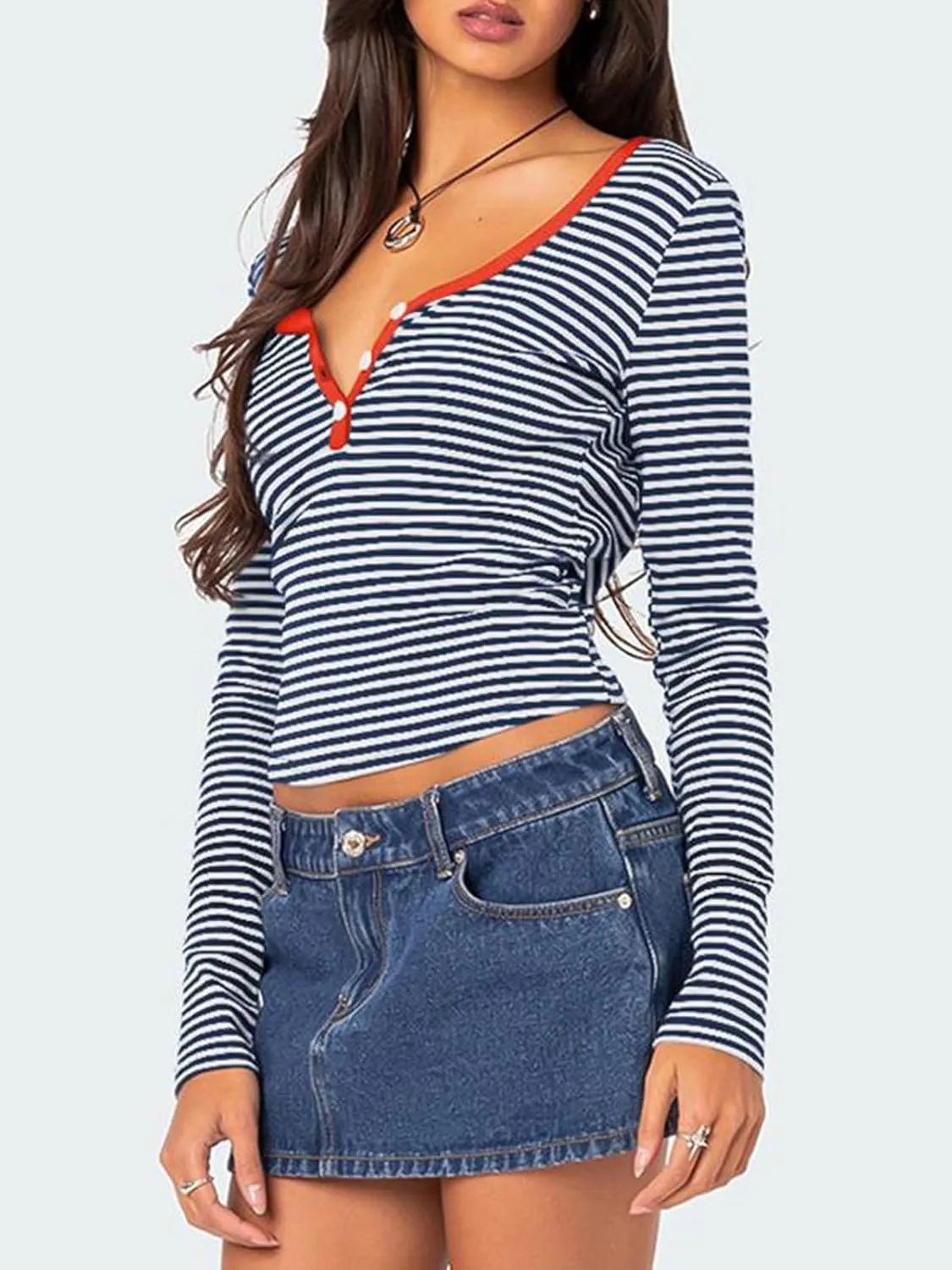 Womens Striped Color Block Tops V Neck Long Sleeve Slim Fit Crop Pullover Fashion Y2K Fall Tunic Tops