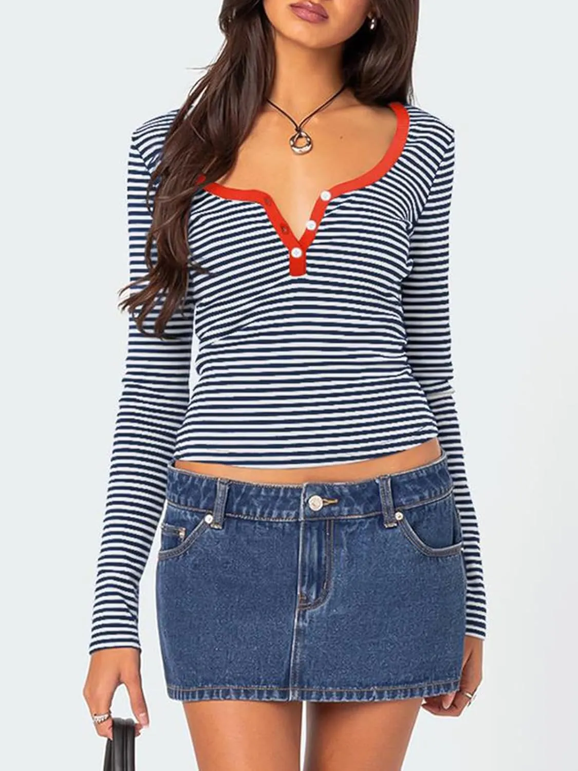 Womens Striped Color Block Tops V Neck Long Sleeve Slim Fit Crop Pullover Fashion Y2K Fall Tunic Tops