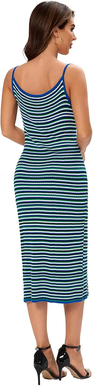 Women's Striped Ribbed Knit Midi Dress, Sleeveless Bodycon Summer Dress, Casual Tank Dress Knee Length