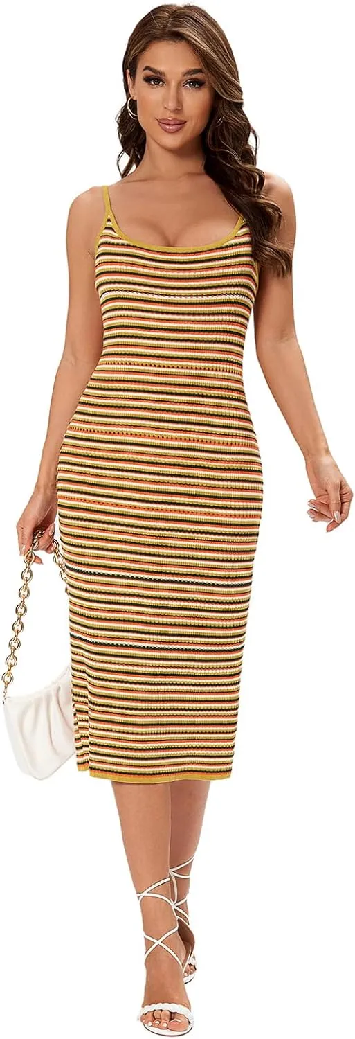 Women's Striped Ribbed Knit Midi Dress, Sleeveless Bodycon Summer Dress, Casual Tank Dress Knee Length