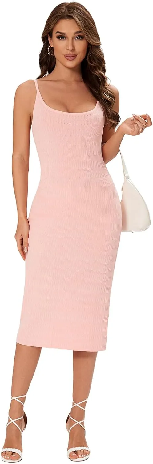 Women's Striped Ribbed Knit Midi Dress, Sleeveless Bodycon Summer Dress, Casual Tank Dress Knee Length