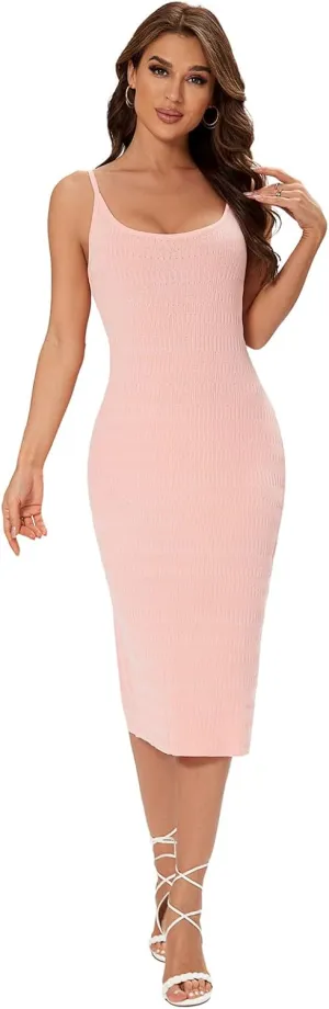 Women's Striped Ribbed Knit Midi Dress, Sleeveless Bodycon Summer Dress, Casual Tank Dress Knee Length