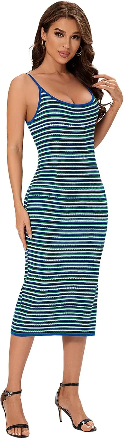 Women's Striped Ribbed Knit Midi Dress, Sleeveless Bodycon Summer Dress, Casual Tank Dress Knee Length