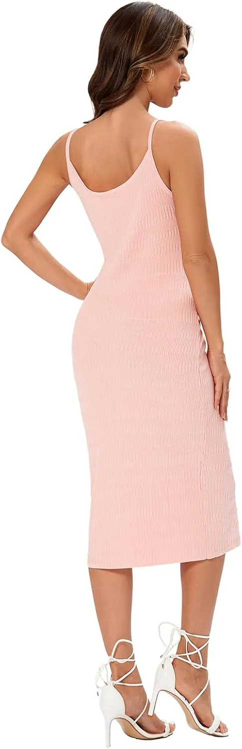 Women's Striped Ribbed Knit Midi Dress, Sleeveless Bodycon Summer Dress, Casual Tank Dress Knee Length