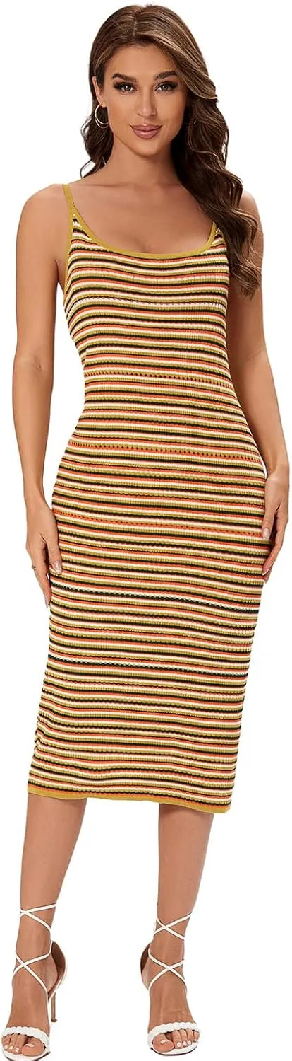 Women's Striped Ribbed Knit Midi Dress, Sleeveless Bodycon Summer Dress, Casual Tank Dress Knee Length