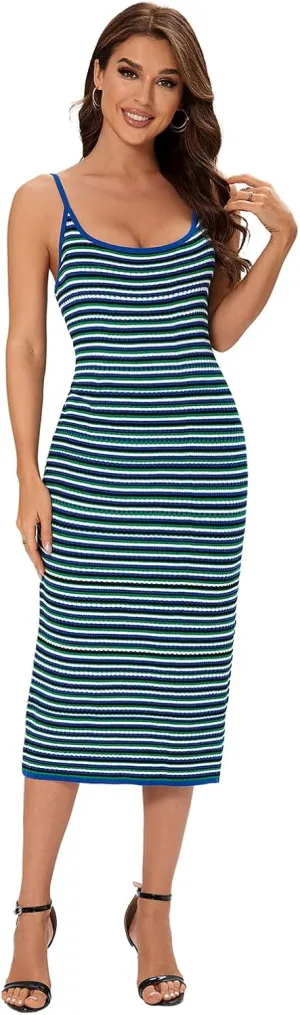 Women's Striped Ribbed Knit Midi Dress, Sleeveless Bodycon Summer Dress, Casual Tank Dress Knee Length