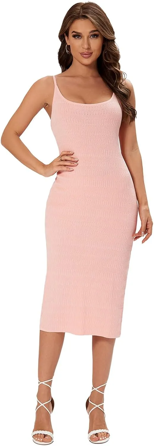 Women's Striped Ribbed Knit Midi Dress, Sleeveless Bodycon Summer Dress, Casual Tank Dress Knee Length