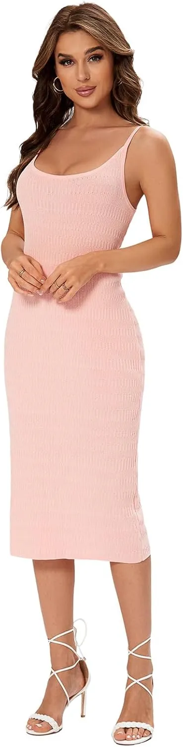 Women's Striped Ribbed Knit Midi Dress, Sleeveless Bodycon Summer Dress, Casual Tank Dress Knee Length