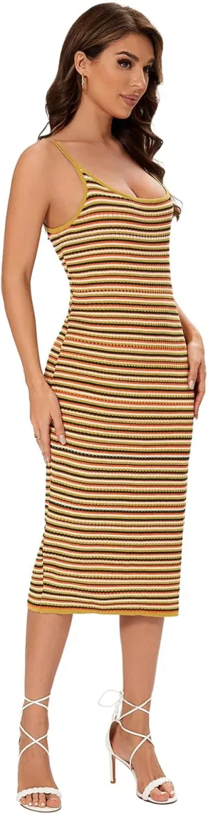 Women's Striped Ribbed Knit Midi Dress, Sleeveless Bodycon Summer Dress, Casual Tank Dress Knee Length