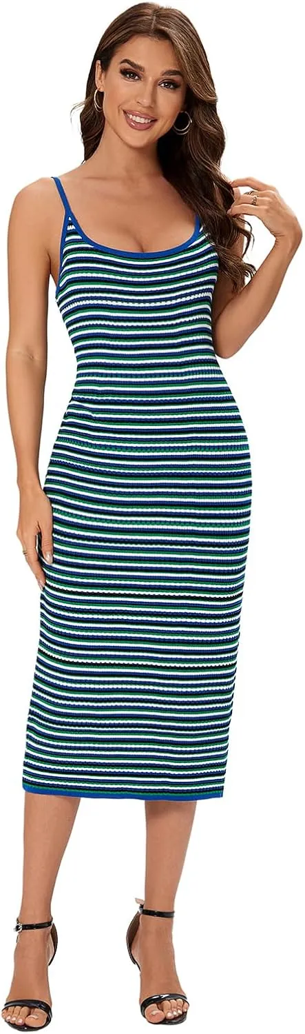 Women's Striped Ribbed Knit Midi Dress, Sleeveless Bodycon Summer Dress, Casual Tank Dress Knee Length