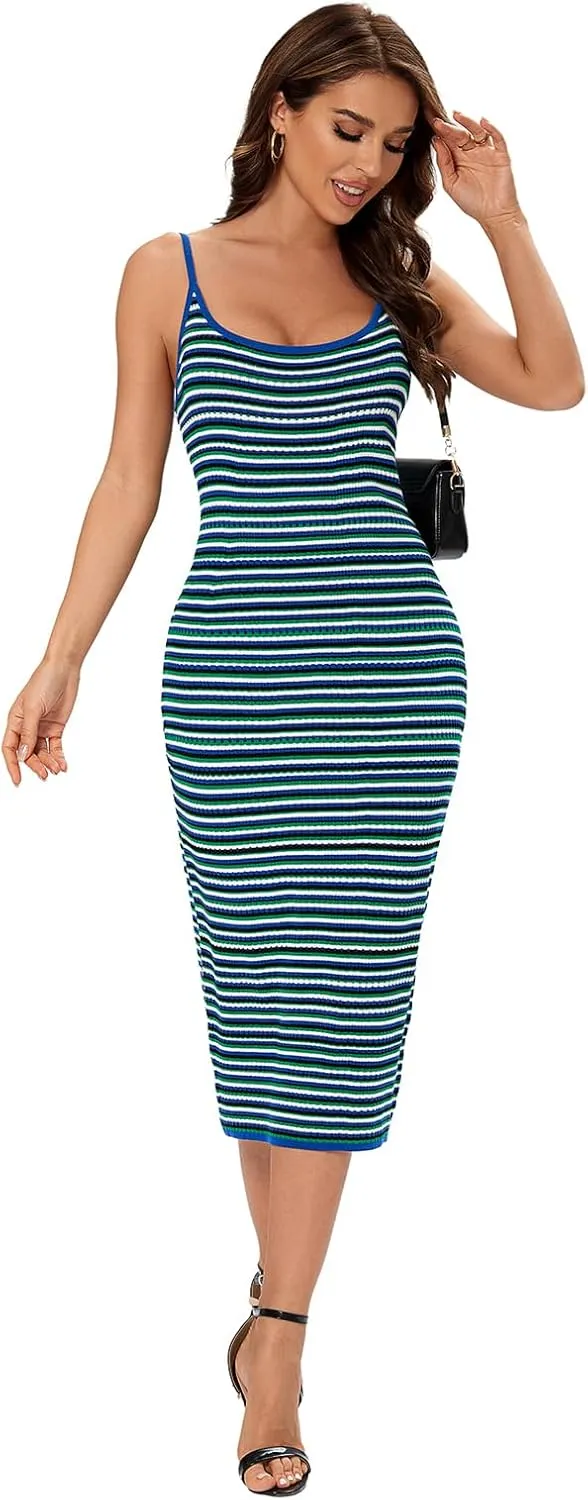 Women's Striped Ribbed Knit Midi Dress, Sleeveless Bodycon Summer Dress, Casual Tank Dress Knee Length