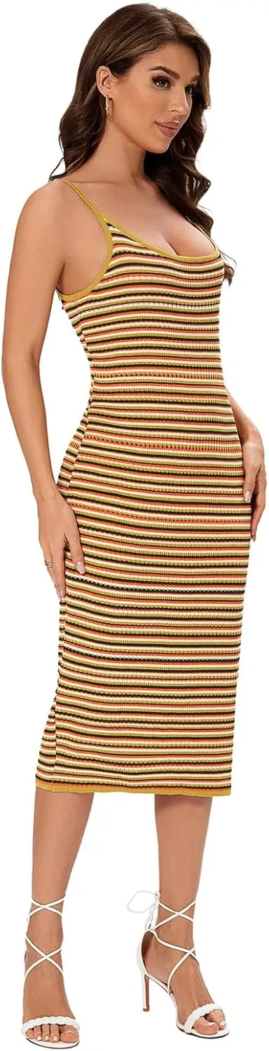 Women's Striped Ribbed Knit Midi Dress, Sleeveless Bodycon Summer Dress, Casual Tank Dress Knee Length