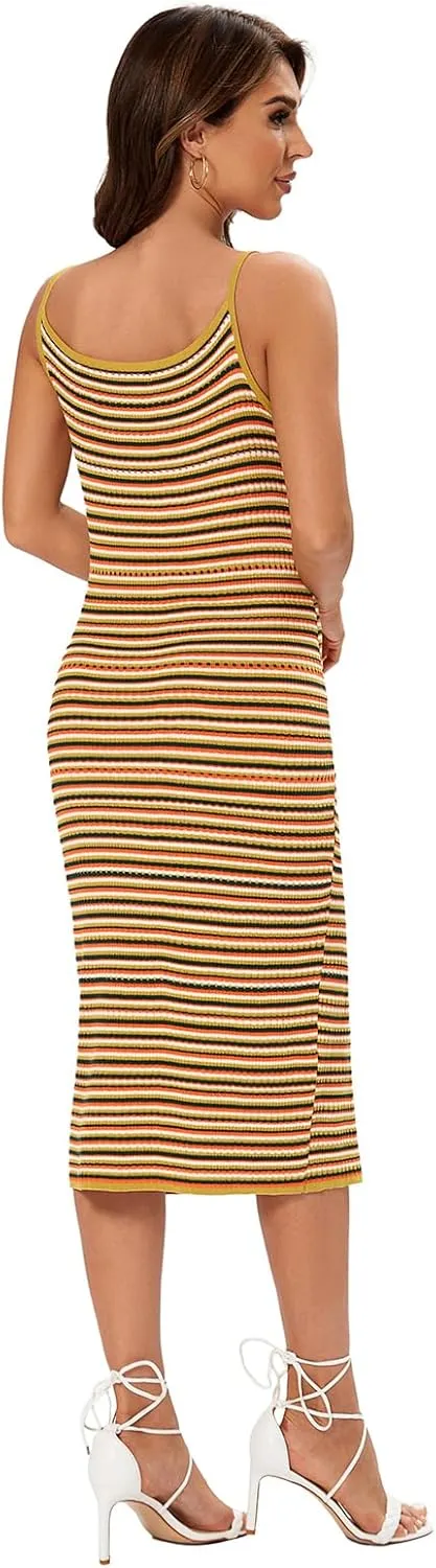 Women's Striped Ribbed Knit Midi Dress, Sleeveless Bodycon Summer Dress, Casual Tank Dress Knee Length