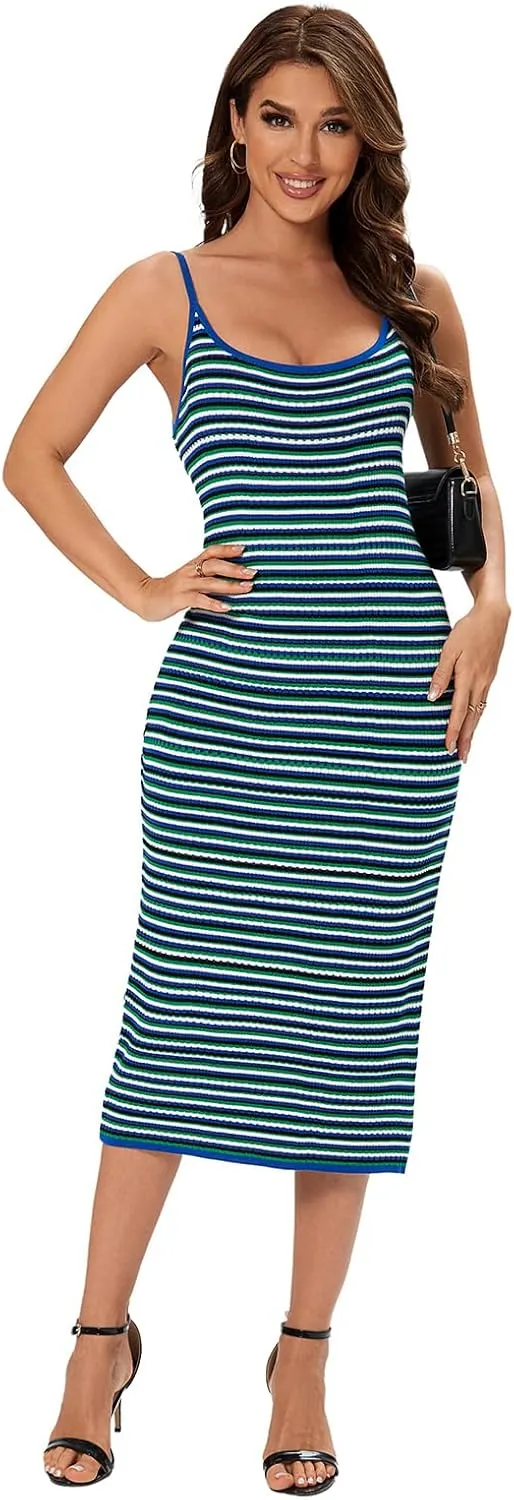 Women's Striped Ribbed Knit Midi Dress, Sleeveless Bodycon Summer Dress, Casual Tank Dress Knee Length