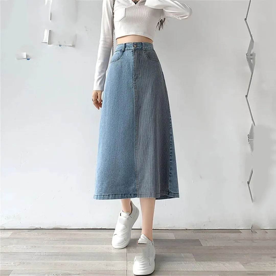 Women's Summer Denim High Waist Patchwork Casual Mid Length Skirts