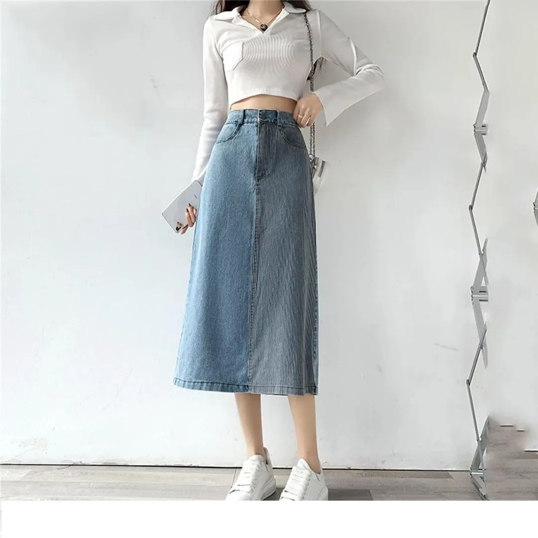 Women's Summer Denim High Waist Patchwork Casual Mid Length Skirts