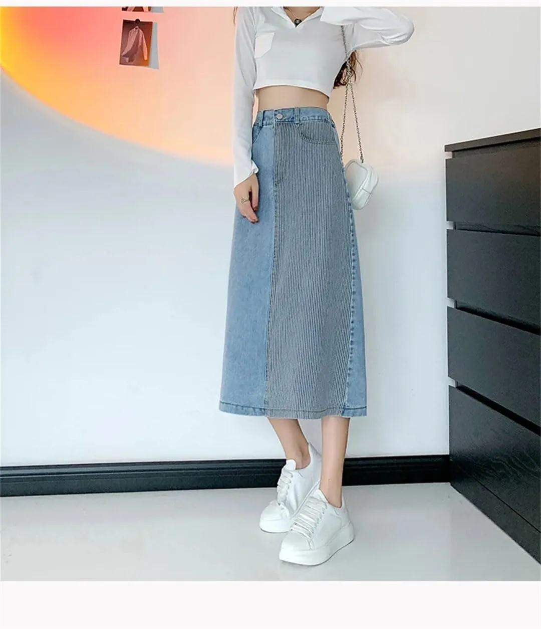 Women's Summer Denim High Waist Patchwork Casual Mid Length Skirts