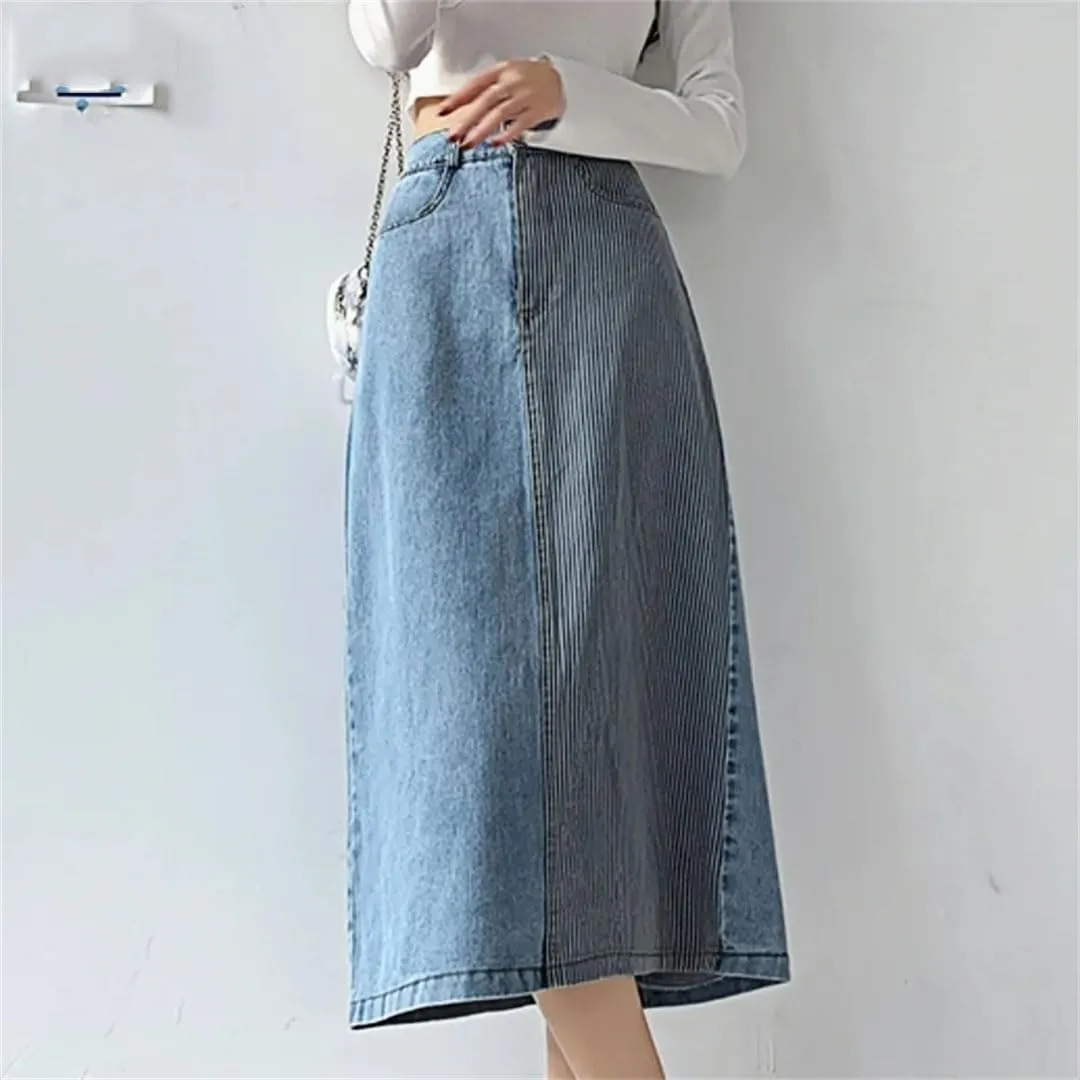 Women's Summer Denim High Waist Patchwork Casual Mid Length Skirts