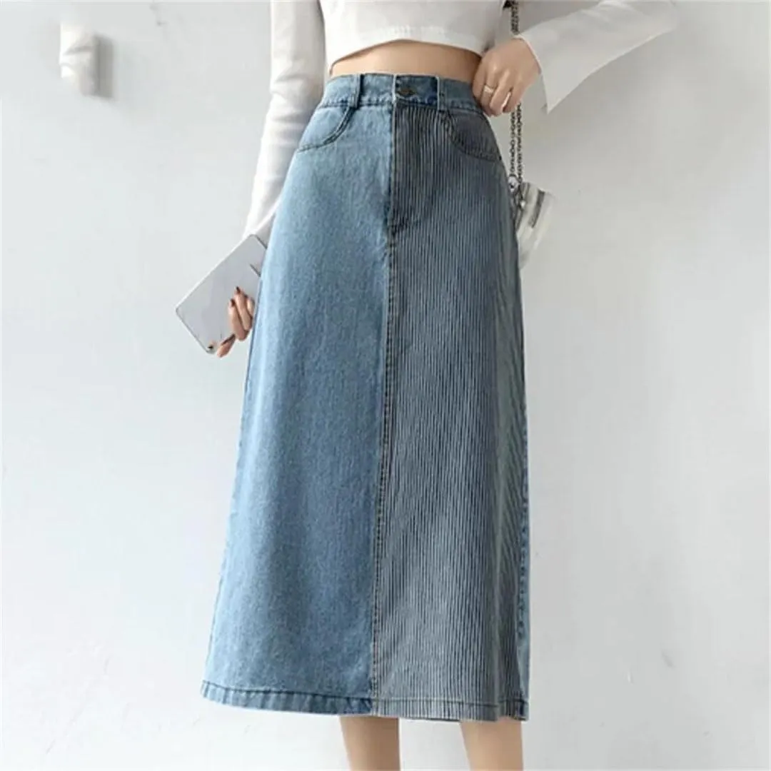 Women's Summer Denim High Waist Patchwork Casual Mid Length Skirts