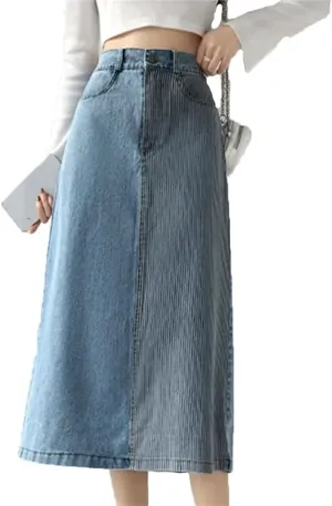 Women's Summer Denim High Waist Patchwork Casual Mid Length Skirts