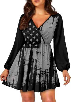 Women's Summer Long Sleeve Short Dresses Casual Dresses V-Neck Party Dress Elastic Waist Maxi Dress Sun Dress