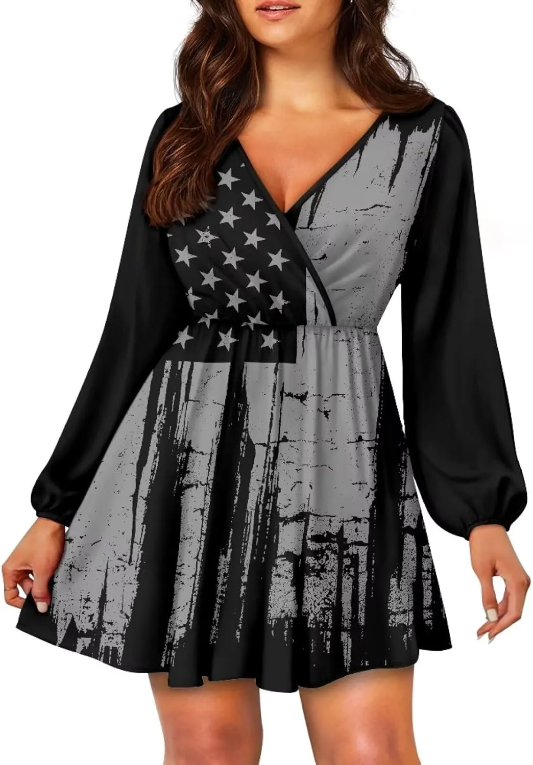 Women's Summer Long Sleeve Short Dresses Casual Dresses V-Neck Party Dress Elastic Waist Maxi Dress Sun Dress