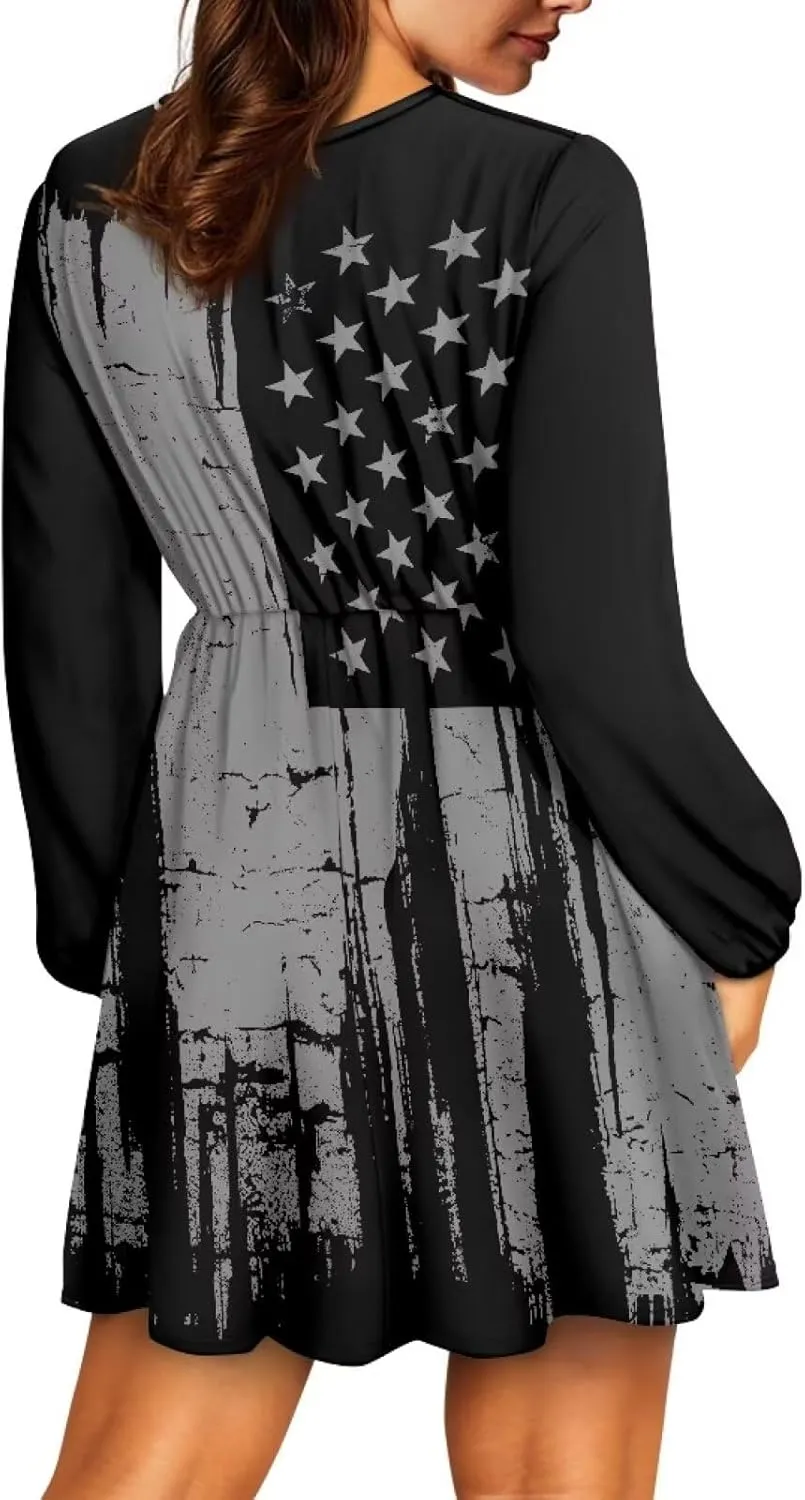 Women's Summer Long Sleeve Short Dresses Casual Dresses V-Neck Party Dress Elastic Waist Maxi Dress Sun Dress