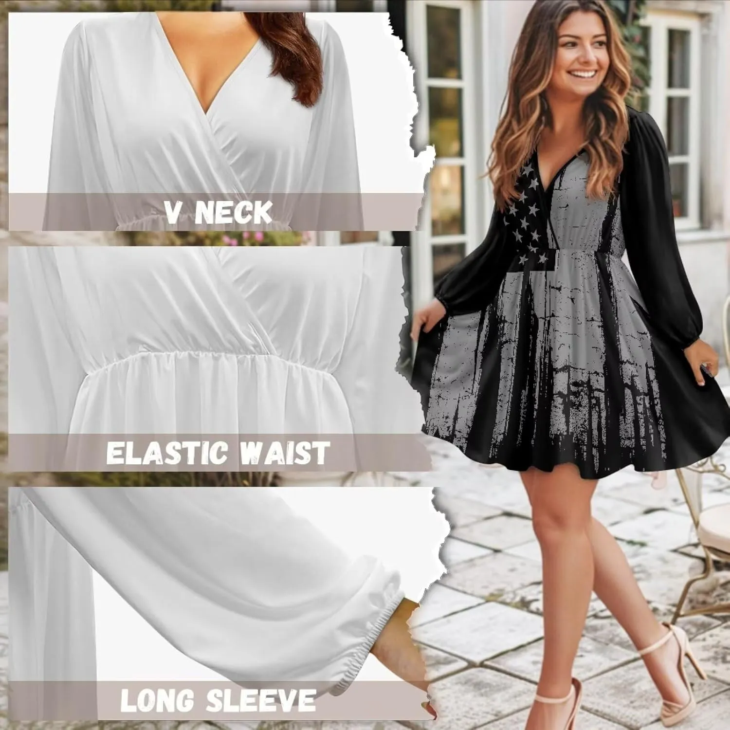 Women's Summer Long Sleeve Short Dresses Casual Dresses V-Neck Party Dress Elastic Waist Maxi Dress Sun Dress