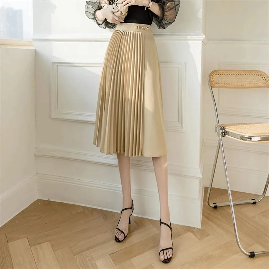 Women's Summer Office Lady Solid Color High Waist Pleated A-Line Mid Length Casual Skirts