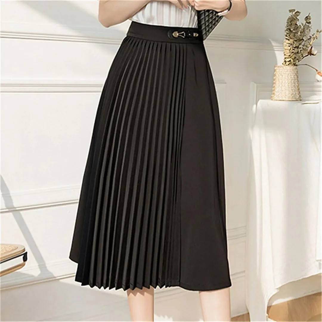 Women's Summer Office Lady Solid Color High Waist Pleated A-Line Mid Length Casual Skirts