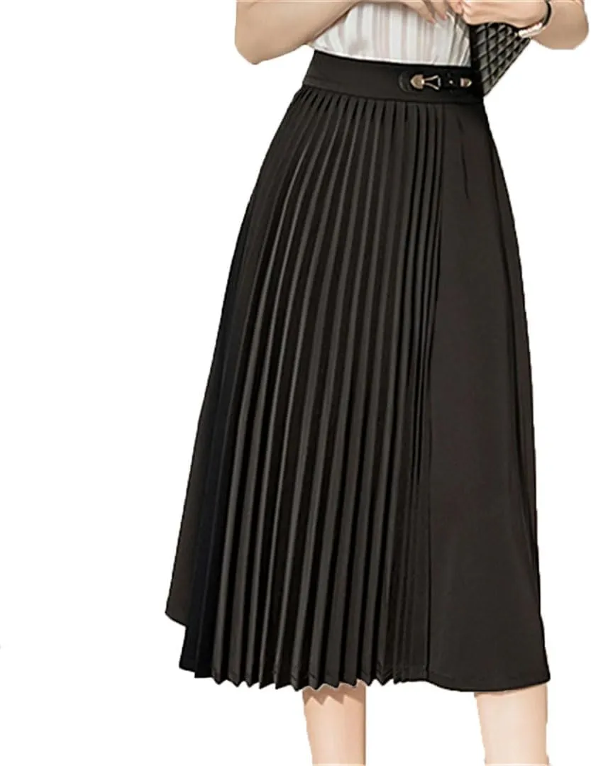 Women's Summer Office Lady Solid Color High Waist Pleated A-Line Mid Length Casual Skirts