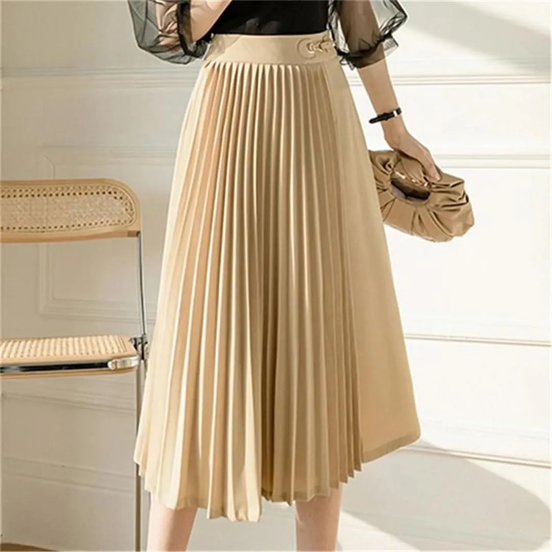 Women's Summer Office Lady Solid Color High Waist Pleated A-Line Mid Length Casual Skirts
