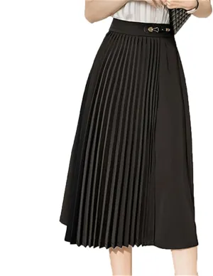 Women's Summer Office Lady Solid Color High Waist Pleated A-Line Mid Length Casual Skirts