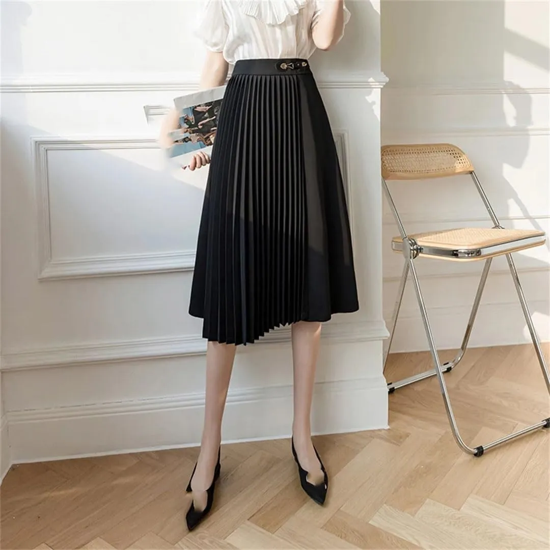 Women's Summer Office Lady Solid Color High Waist Pleated A-Line Mid Length Casual Skirts