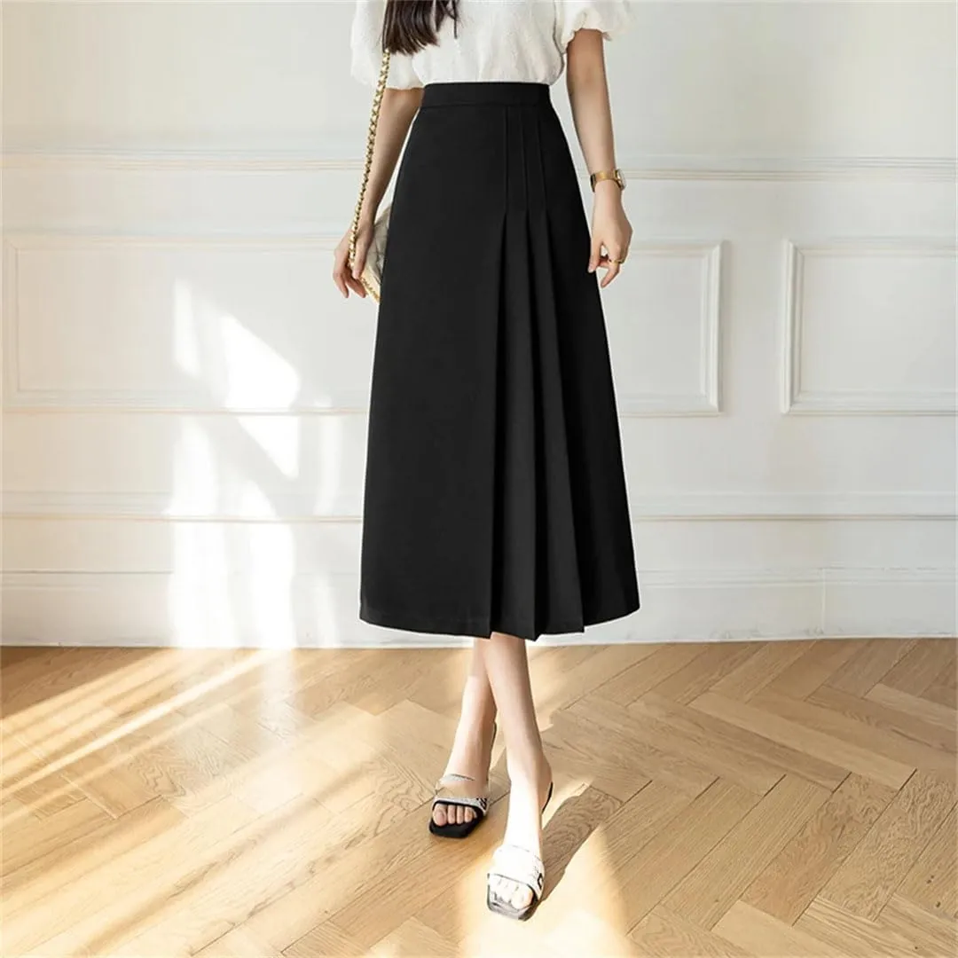 Women's Summer Solid Pleated High Waist Mid Length Swing Office Lady A-Line Skirts