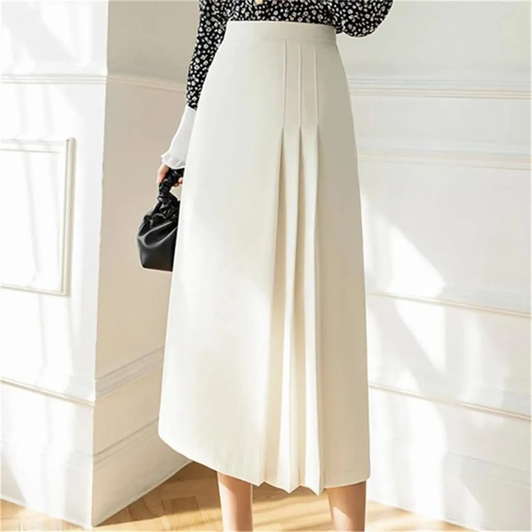 Women's Summer Solid Pleated High Waist Mid Length Swing Office Lady A-Line Skirts