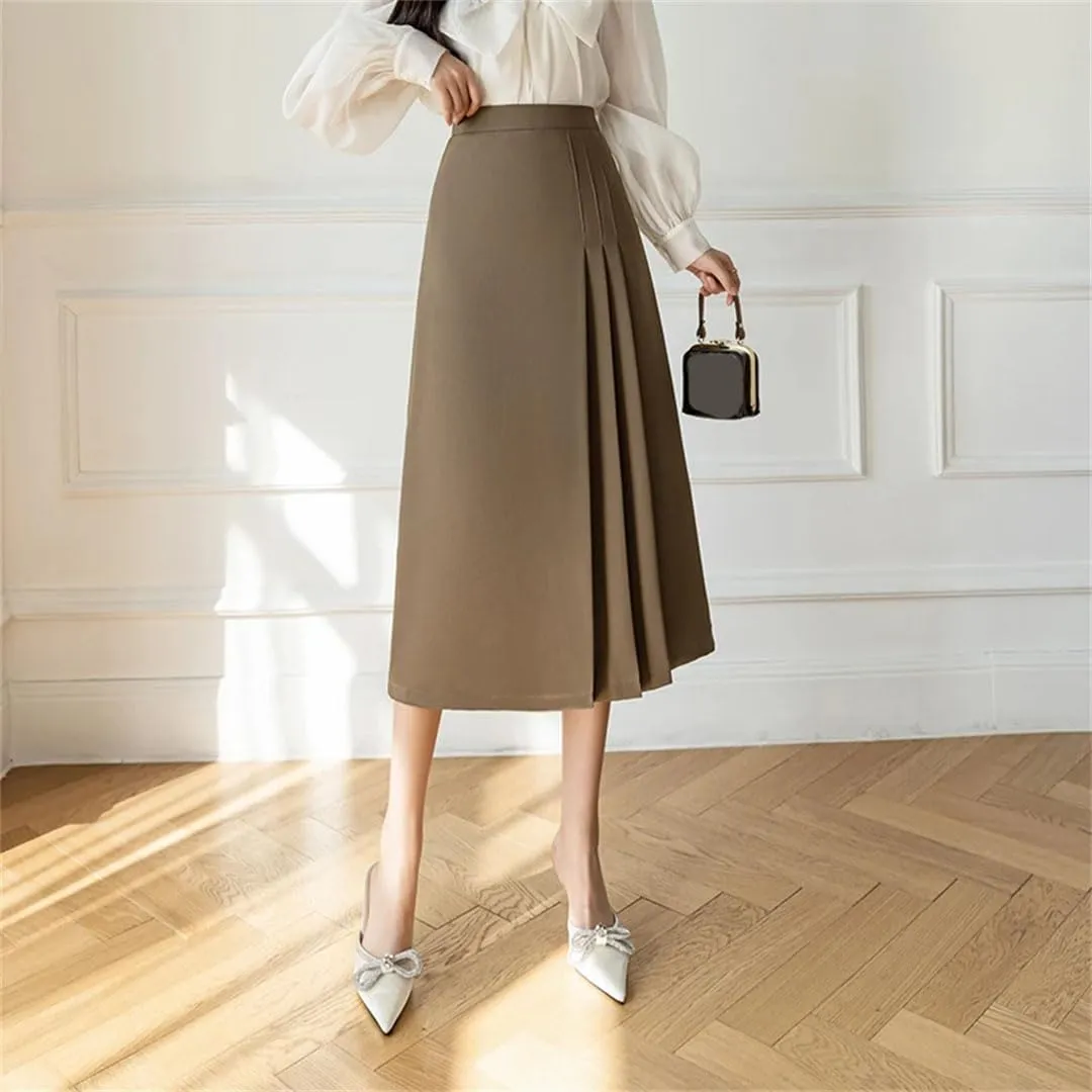 Women's Summer Solid Pleated High Waist Mid Length Swing Office Lady A-Line Skirts