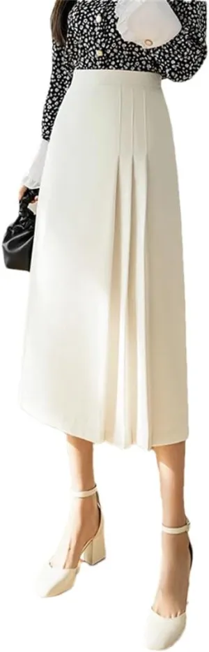 Women's Summer Solid Pleated High Waist Mid Length Swing Office Lady A-Line Skirts