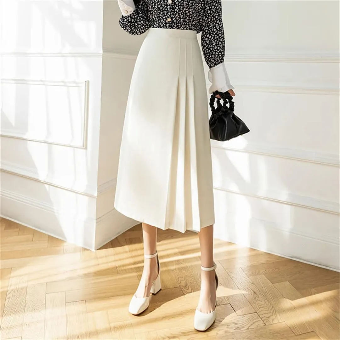 Women's Summer Solid Pleated High Waist Mid Length Swing Office Lady A-Line Skirts