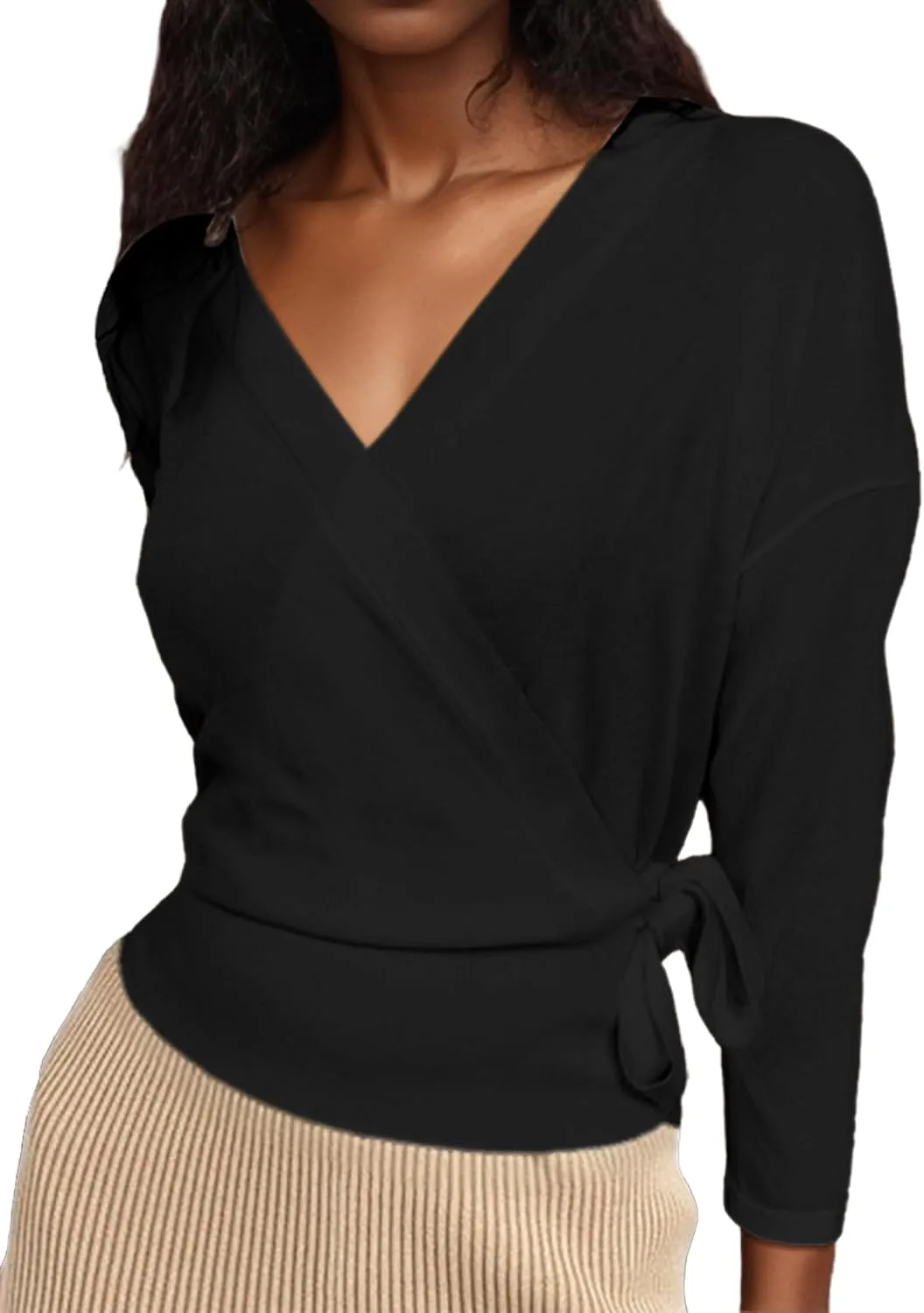 Women's Summer V Neck Wrap Sweater Pullovers 3/4 Sleeve Tie Side Lightweight Beach Knitted Tops