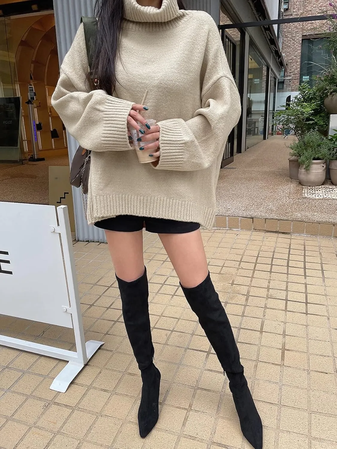 Women's Sweater Turtleneck Drop Shoulder Oversized Sweater Sweater for Women (Color : Khaki, Size : X-Large)
