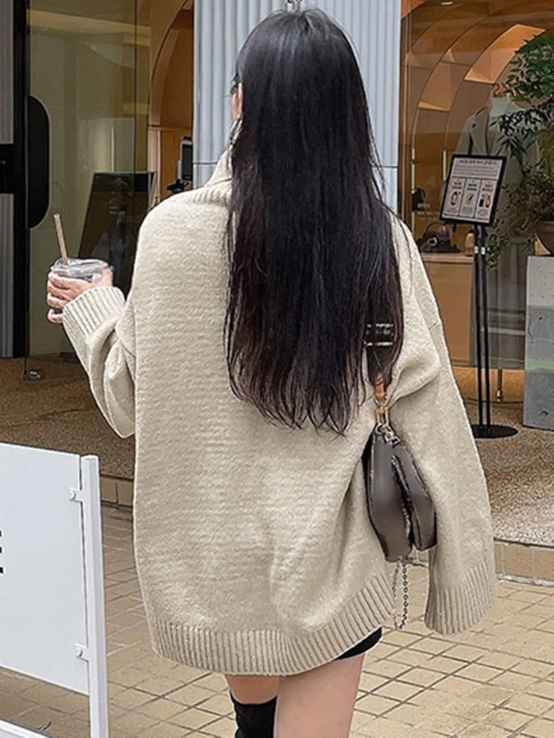 Women's Sweater Turtleneck Drop Shoulder Oversized Sweater Sweater for Women (Color : Khaki, Size : X-Large)