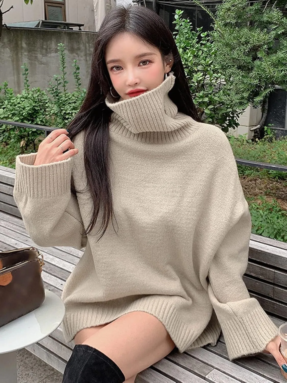 Women's Sweater Turtleneck Drop Shoulder Oversized Sweater Sweater for Women (Color : Khaki, Size : X-Large)